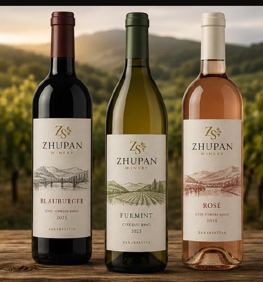 Три пляшки вина ZHUPAN: Blauburger, Furmint і Rosé